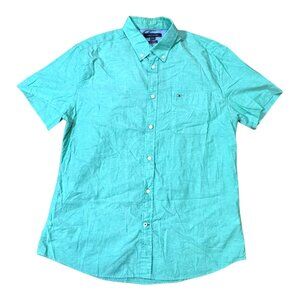 Tommy Hilfiger Women’s Custom Fit Short Sleeve Button-Down Shirt XL Green Cotton